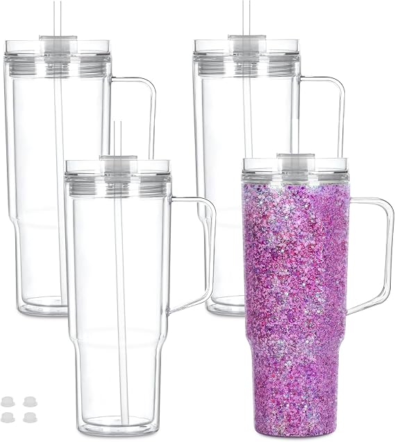 40 OZ Reusable Acrylic Snow Globe Tumbler with Handle and Pre Drilled Hole, Plastic Double Wall Snowglobe Tumbler with Clear Lid and Straw , （4 Pack）