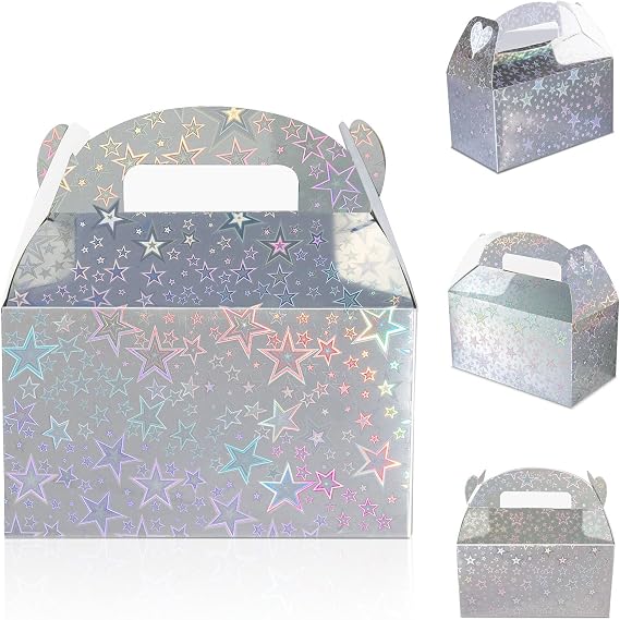 Naleyber Iridescent Star Party Favor Treat Box, 24pcs Holographic Gable Boxes for Candy Snacks Gifts, Shiny Goodie Boxes for Birthday parties