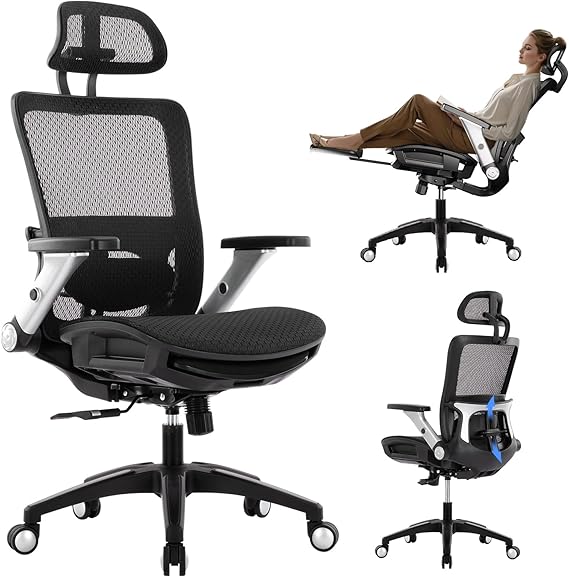 COLAMY Ergonomic Mesh Office Chair with Footrest - High Back Computer Desk Chair with Headrest, 4D Flip-up Armrests, Adjustable Tilt Lock, and Lumbar Support for Ultimate Comfort, Black