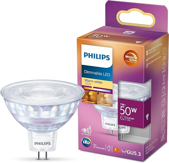 PHILIPS LED Classic Spot Warm Glow Dimmable Indoor Light [Warm White 2200-2700K] 7W - 50W Equivalent. Spotlights for Indoor Home Lighting
