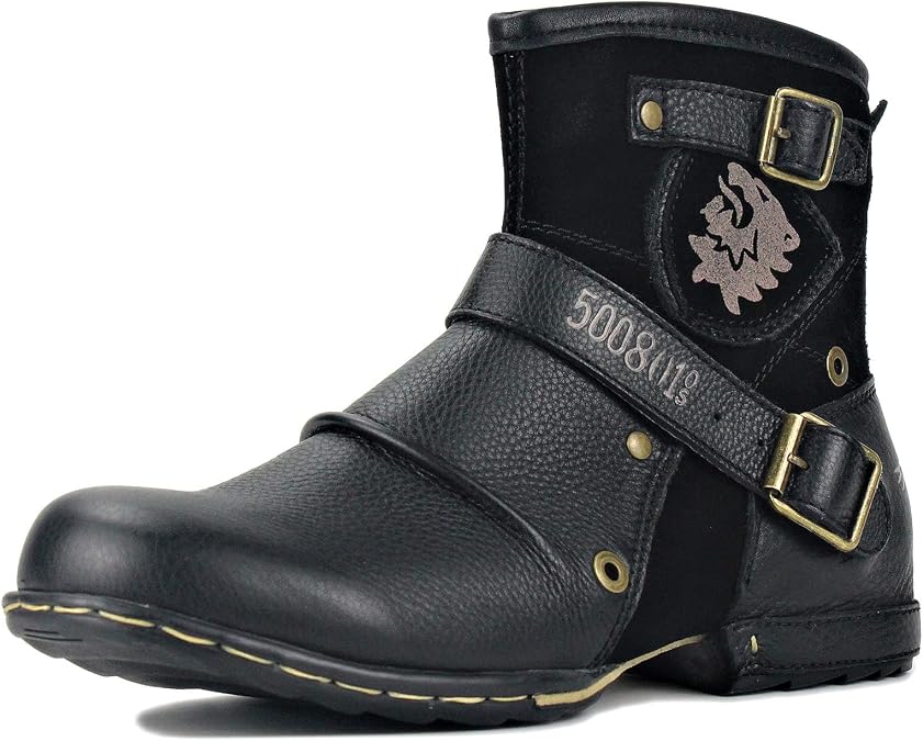Leather Casual Motorcycle Combat Chukka Ankle Boots for Men with Side Zipper CD-5008-1-N-S