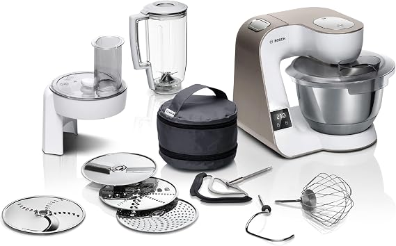 Bosch Küchenmaschine Serie 4 integrierte Waage Mixer 125 L Edelstahl-Schüssel 39 L Profi-Knethaken Schnee- Silikonbesen Durchlaufschnitzler 4 Scheiben 1000 W weiß MUM5XW20