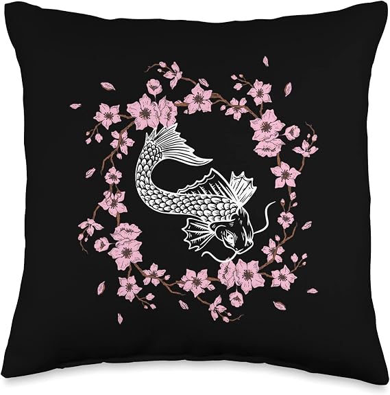 Koi Cherry Blossom Japanese Koi Carp Nishikigoi Asian Carp Throw Pillow