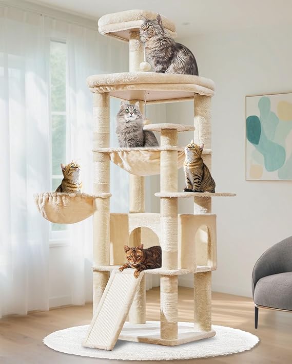 Taoqimiao Cat Tree, 183cm Large Cat Tree for Indoor Cats Cat Tower | with 5 Scratching Posts, Spacious Platform, Widened Cat Condo, Cozy Metal Hammock, Large Scratch Board, Beige MS045M