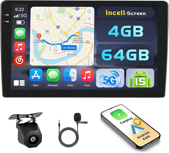 [4+64G] Hikity Android 15 Carplay Stereo Double Din, 9'' in-Cell Touch Screen Radio Wireless Carplay Android Auto 5G WiFi Car Stereo Bluetooth 5.0 Mirror Link GPS SWC FM/RDS/EQ, AHD Backup Camera+Mic | Wireless Carplay Android Auto, Bluetooth GPS Mirror Link, RDS/FM Radio SWC, AHD Backup Camera Mic, In-Cell Touchscreen