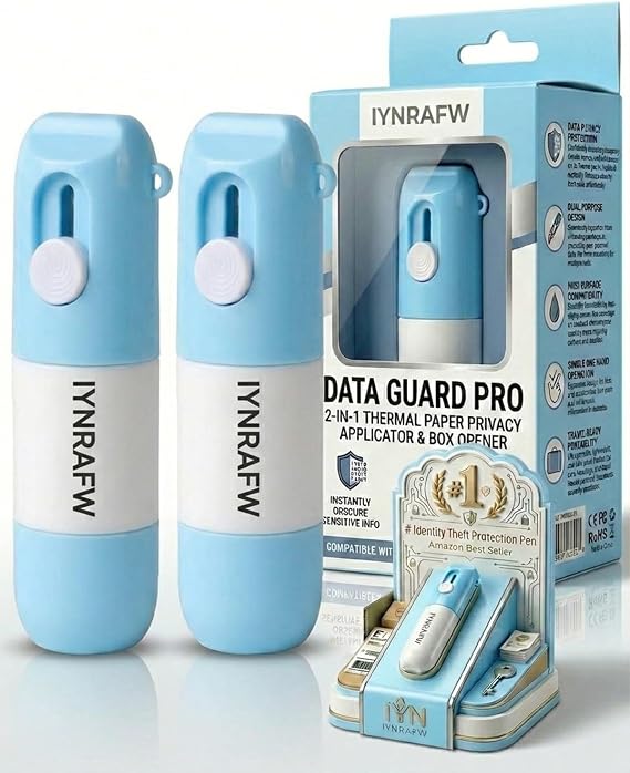 2 in 1 Water Based Thermal Paper Eraser Label Privacy Pen Box Cutter for Packages with Mini Unboxing Knife Paper Correction Fluid Liquid Redacting Marker for One Smear Printed Text Covering