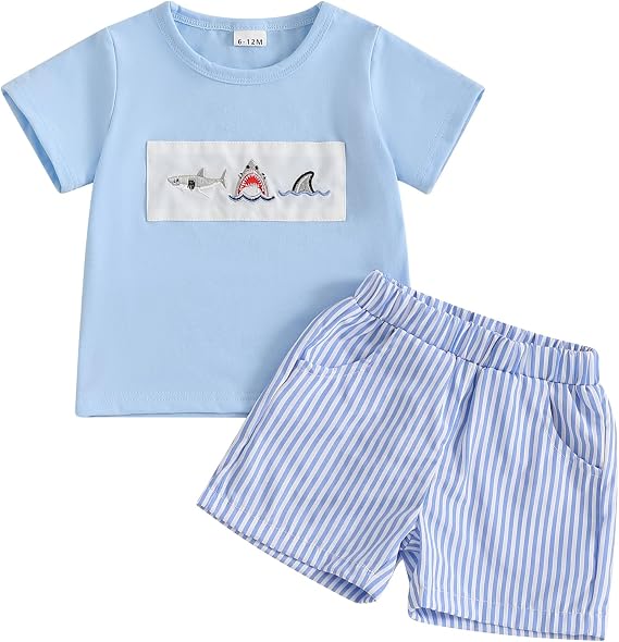 Toddler Boys Shark Outfits Sea Animal Embroidery Short Sleeve Shirt and Striped Shorts Sets 2Pcs Summer Clothes Set