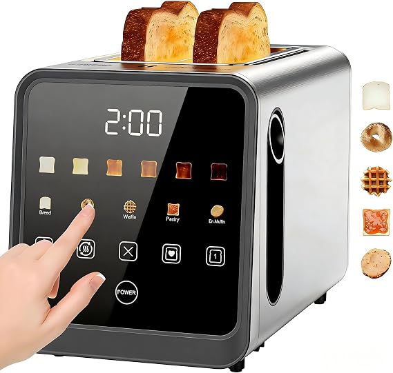 Toaster 2 Slice Wide Slot Stainless Steel Digital Toasters Best Rated Prime Touch Screen Toaster for 5 Bread Types/6 Shade Settings/Single Slot Toasting/Memory Function/Defrost/Reheat