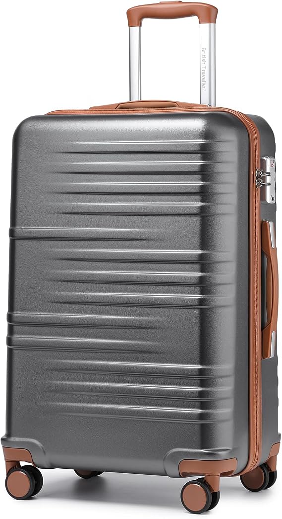 British Traveller Hand Luggage Suitcase Medium Travel Suitcase Medium Hard Case 64 x 43 x 26.5 cm with TSA Lock Suitcase Trolleys ABS + PC Grey