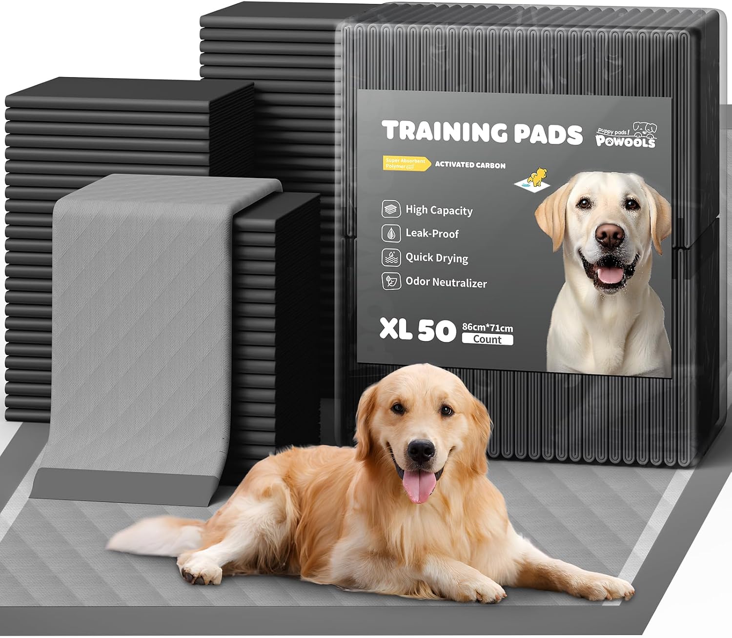 Powools Puppy Pads - 50 Count, Activated Charcoal Puppy Training Pads, Super Absorbent Dog Pads, 6-Layer Dog Training Pads, Leakproof & Quick-Dry Large Puppy Pads, 86 x 71cm