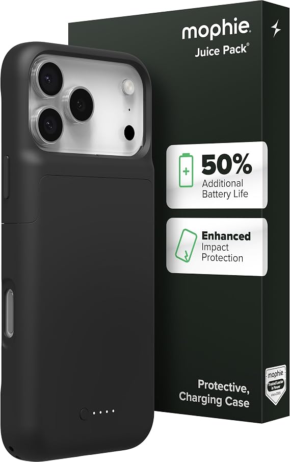 Mophie Juice Pack Battery Case for iPhone 17 Pro Max - Slim Charging Case, Up to 50% Extra Battery Life, High Impact Protection, Magnetic Back for Wallets & Mounts, Sustainable Material, Black
