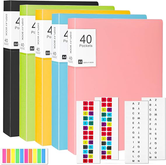 【Upgraded】 A4 Display Folder,5 Pack 40 Pockets A4 Display Book with Plastic Sleeves, Presentation Folders Document Project Folder for Individuals, School and Offices (5 Colours)