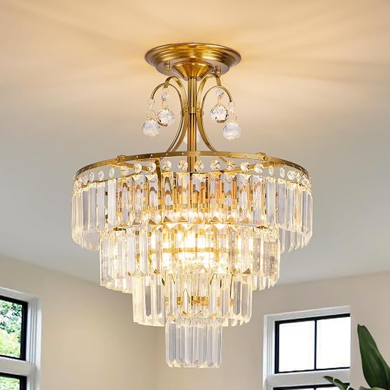 Gold Crystal Chandelier Fixture Modern Semi Flush Mount Ceiling Light Ceiling Lighting for Bedroom Living Room Kitchen Hallway Dining Room,E14 x 4 -Lights D39cm x H50cm [Energy Class F]
