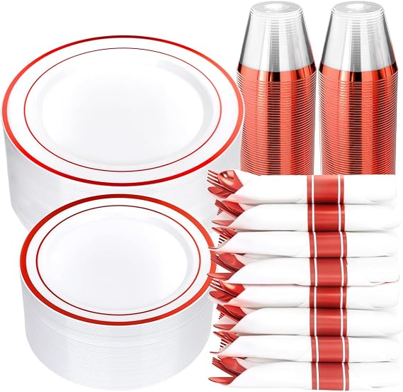 Goodluck 350 Piece Red Plastic Dinnerware Set for 50 Guests