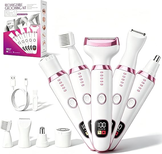 RUIM 5-in-1 Shaver for Women, Waterproof Electric Razor for Body & Face | Painless for legs,underarms,bikini,face. IPX7 wet/dry, LED battery display, USB-C fast charge, travel-friendly.