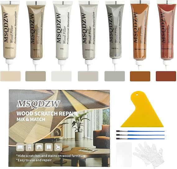 Wood Filler Kit - Repair Touch Up Paint Filler for Furniture, Tables, Cabinets, and Floors Covers Scratches, Cracks, Stains, and Discoloration Restore Wood Veneer, Oak, Walnut, Gray, Brown