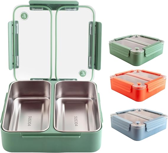 Bento Lunch Box 1100ml for Adults and Kids Large Capacity with Two Stainless Steel Compartments Leakproof Lunchbox for Work and School Prepare Meal Container (green)