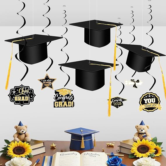 Tryly 10pcs Hanging Graduation Caps Decorations Kits, 4 Class of 2025 Black with Gold Tassel Floating Graduation Hats, 6 Hanging Swirls Congrats Grad Banner for School Home Classroom Party Supplies