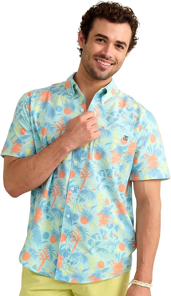 HUK Mens Kona Pattern Short Sleeve Fishing Button Down Shirt