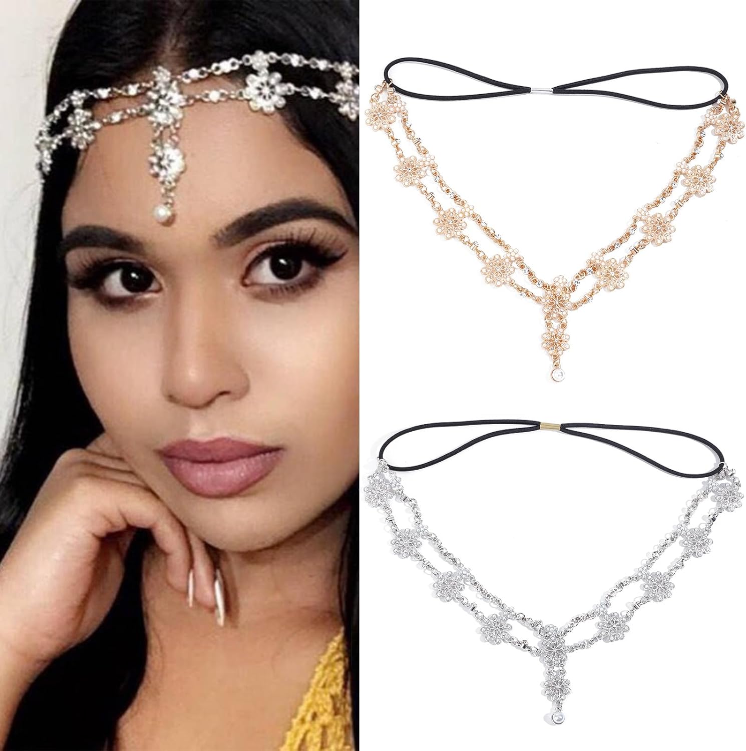 NICENEEDED Flower Head Chain, Indian Gold Headband, Boho Vintage Rhinestone Hair Chains Elastic Silver Floral Pearl Layered Jewelry Forehead Headpieces for Wedding Prom Women Girls Party 2PCS