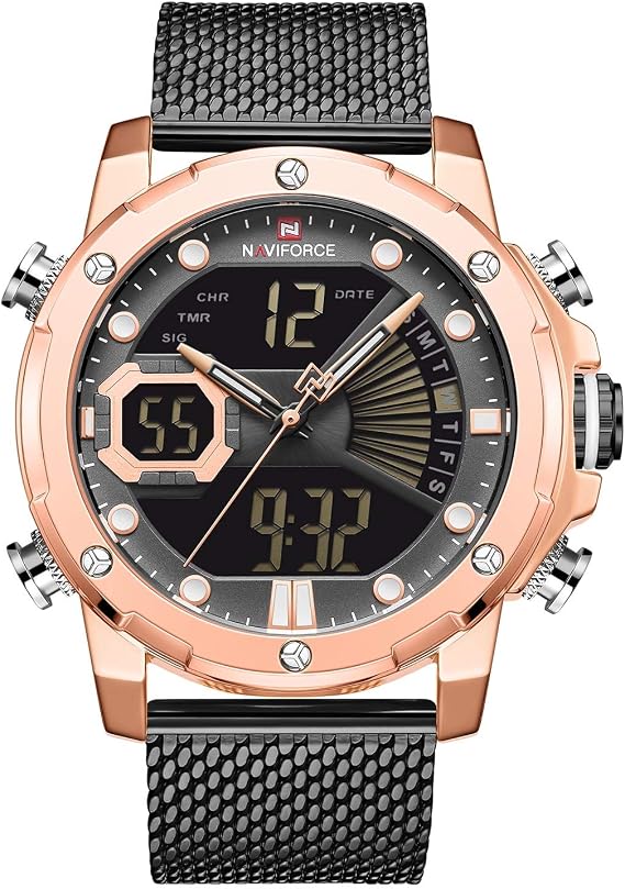 NAVIFORCE Men's Digital Watch Stainless Steel Mesh Band Sport Waterproof Watch with Alarm Military Dual Time Watch, Rose Gold Black, Digital