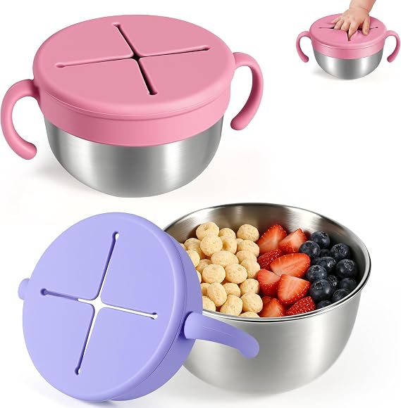 Snack Cups, 2 Pack Stainless Steel Toddler Snack Containers, Spill-Proof | Snack Bowls, Silicone Removable Lids & Handles, Food Storage Containers, Dishwasher Safe Snack Container, Baby Shower Gifts