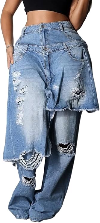 Famnbro Womens Baggy Ripped Jeans Irregular Patchwork Denim Pants