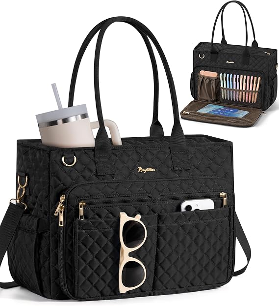 Bagstellar Teacher Tote Bag for Women, 15.6" Laptop Work Tote Computer Bag | Quilted Bible Nurse Bag with 40oz Cup Holder, Insulated Pocket & Strap, Large Laptop Briefcase for School Travel Office Gifts