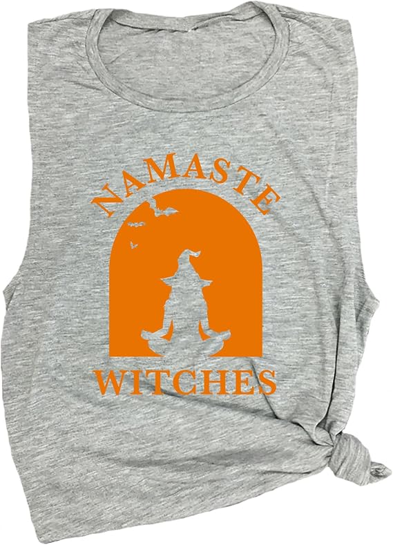 Namaste Witches Women's Workout Muscle Tee - Sleeveless Active Wear, Halloween Yoga Gym Top, Comfortable Workout Tank Top