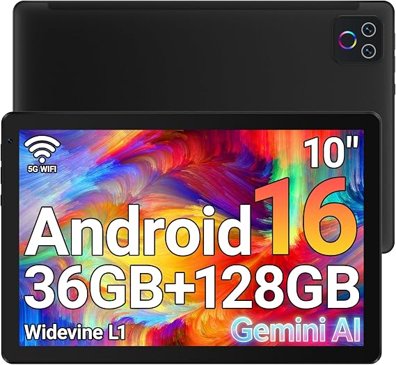 URAO Tablet,10.1" Android 16 Tablet Octa-core 36GB+128GB Dual Camera | 1280x800 IPS HD Touchscreen 6000mAh Battery Wi-Fi 6,BT 5.4 GMS 36GB(6+30) RAM 128GB ROM Support 1TB Expansion 5MP+8MP cameras