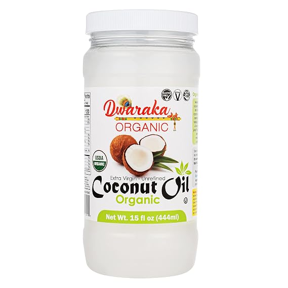 Dwaraka Organic - Coconut Oil Extra Virgin, 15 Fl Oz, Healthy, Non GMO, Pure Natural Unrefined, Ideal for Cooking, Hair, Skin and Massage (Aceite de Coco)