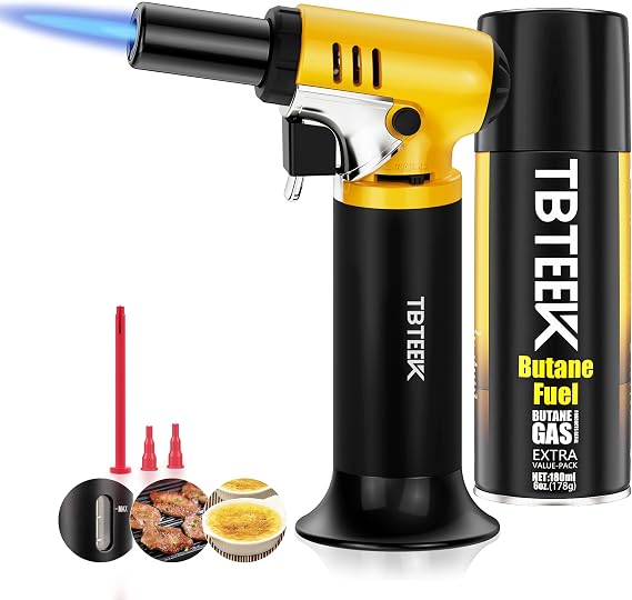 TBTeek Kitchen Torch with Butane Included, One-hand Operation Cooking Torch Lighter with Butane Refill for BBQ, Baking, Brulee Creme, Crafts and Soldering