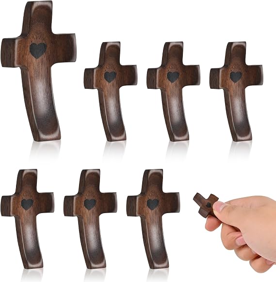 7PCS Wooden Cross Fidget, Handheld Pocket Wood Crosses, Cross My Heart | Encouragement Gift Pocket Small Crosses for Clenching and Praying Relief Religious Gifts
