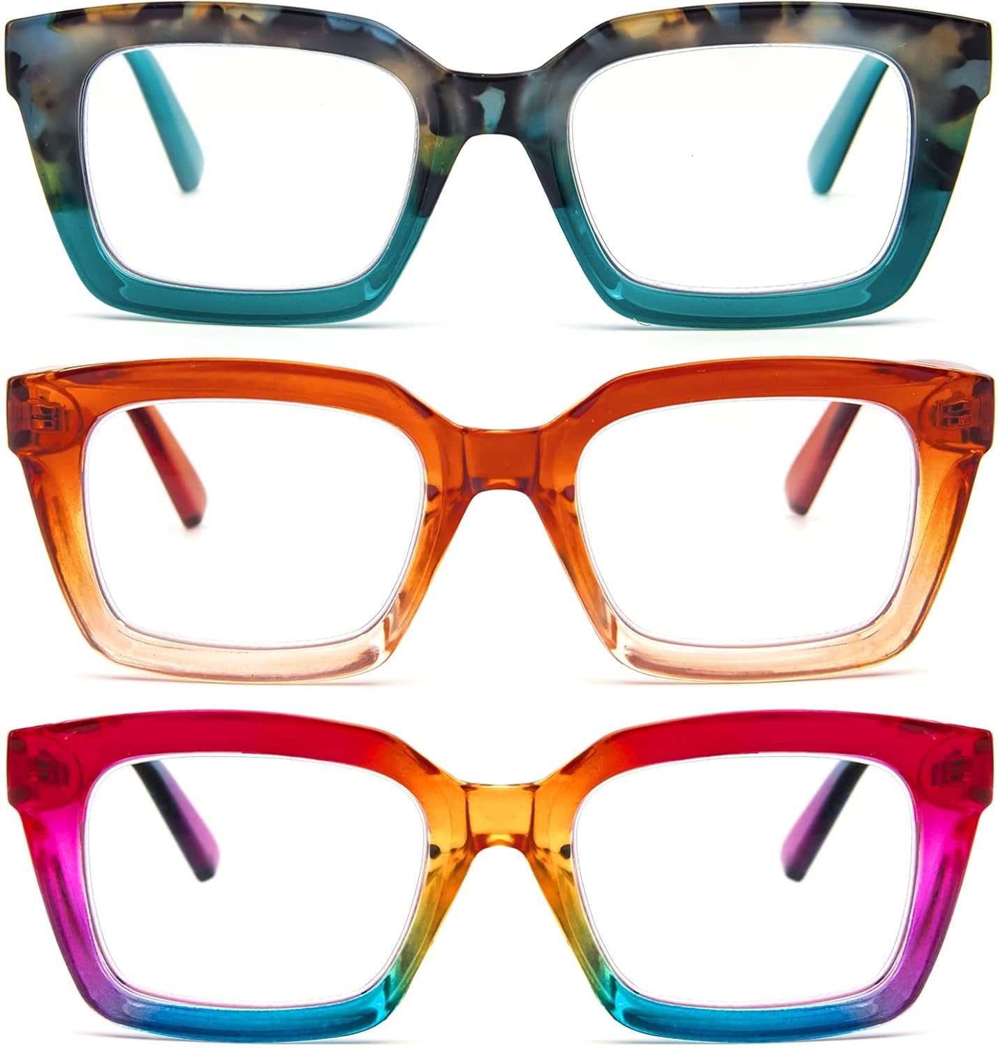 MMOWW 3-Pack Oversized Reading Glasses for Women - Anti Blue Light Glasses with Square Frame Hawksbill blueOrangeRainbow, 2.5
