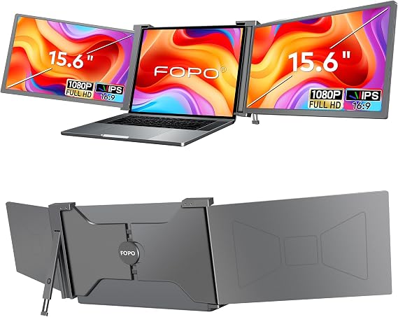 15.6" Triple Portable Laptop Monitor, FHD 1080P IPS Screen Extender Portable Display for 15.6-17.3 Laptops, PnP Travel Laptop Screen Extender with USB-C&HDMI, Dual Monitor for Windows, Mac