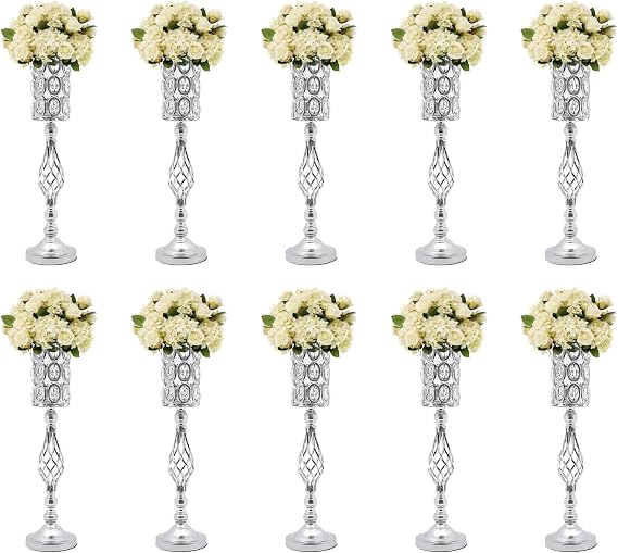 10pcs Wedding Flower Vases, 24in-Height Gold Metal Crystal Flower Stand with Bling Stones, Tall Vases for Centerpieces, Desktop Decoration Vases for Wedding Party (Silver)