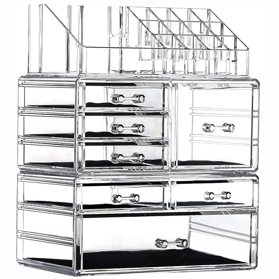 Clear Acrylic Makeup Organizer for Vanity,Countertop,Stackable 7 Drawers Bathroom Skincare Organizer with Brush Holder,Large Skin Care Organizer for Jewelry,Beauty Product Lipsticks,Nail Polishes