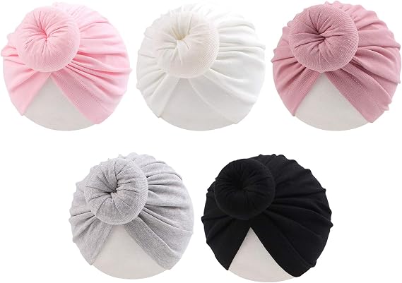 PESAAT Baby Girl Turban Newborn Beanies Hat 5 Pieces Cotton Infant Girls Headwraps Toddler Kids Hats 0-3 Years