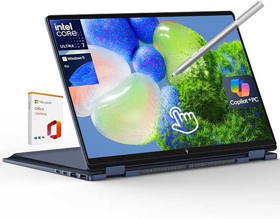 HP OmniBook X Flip 2-in-1 Laptop,14" 2K Touch-Screen Laptop Computer,Intel Core Ultra 7, Arc 140V GPU Copilot+ PC,16GB RAM 1TB SSD,Thunderbolt 4,with Lifetime Office,Win 11 Pro,Atmospheric Blue