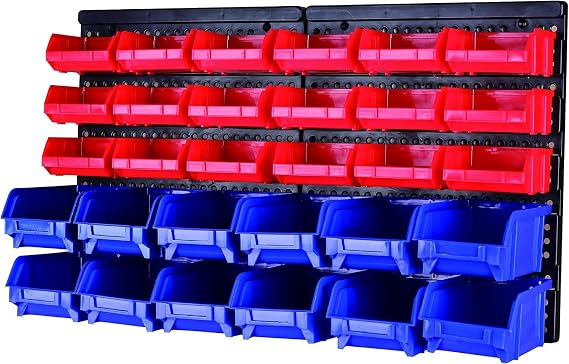 MaxWorks Wall Mount Storage Rack 30 Bin HeavyDuty Organizer for Nuts Bolts Screws Nails Beads Buttons and Small Parts for Garage Home and Workshop Blue and Red Bins (80694)