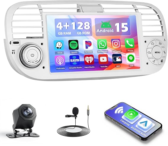Hikity 1 + 32 GB Android 15 Car Radio with Sat Nav for Fiat 500 (2007-2015) 7 Inch Touchscreen Car Radio Bluetooth Hands-Free Kit with Screen WiFi FM