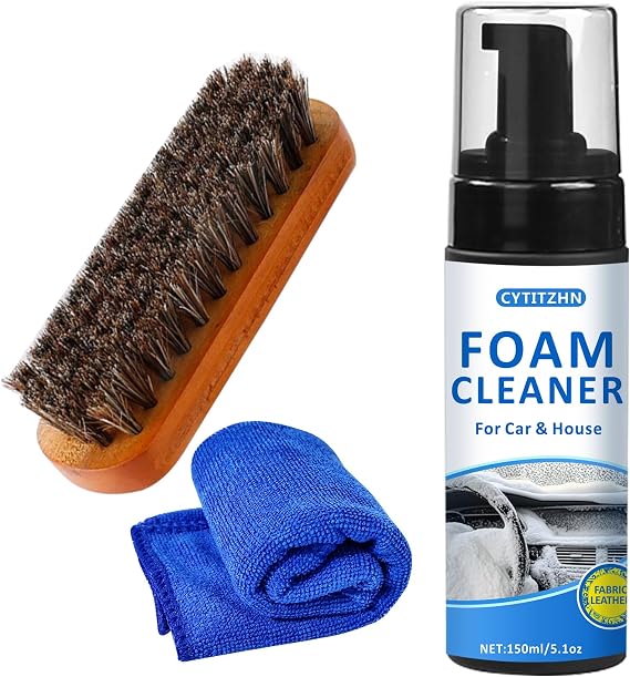 Car Interior Cleaner Kit All-Purpose Foam Cleaner for Leather, Fabric, Vinyl, Plastic, Carpet & Upholstery | Deep Stain Remover | Includes Brush & Microfiber Towel 5oz/150ml
