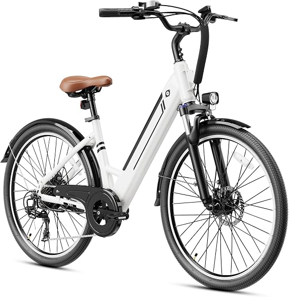 26" Electric Bikes for Adults, Peak 1000W Electric Bike, Up to 25MPH&40 Miles, Ebike for Adults with 375Wh Removable Battery, 7-Speed&Front Suspension Commuter Ebike for Outdoor (White)