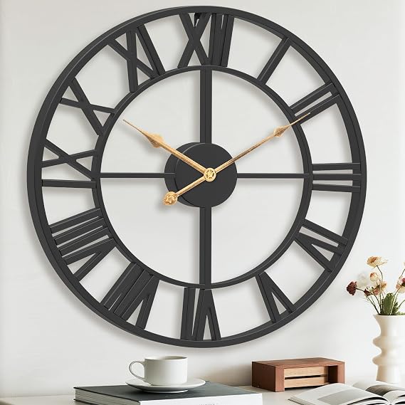 Pytha Sight Large Wall Clock,75CM Black Skeleton Modern Decorative Big Roman Numerals Silent Vintage Wall Clocks for Living Room,Kitchen,Bedroom,Office,Fireplace,Home