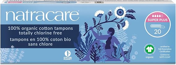 Natracare Non-Applicator 100% Organic Cotton Tampons, Super Plus, Totally Chlorine Free, Biodegradable and Compostable (1 Pack, 20 Tampons Total)