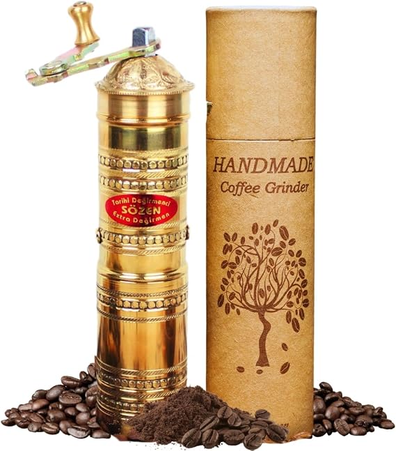 Sozen Manual Coffee Grinder Brass - Adjustable Hand Crank Burr Mill for Turkish Coffee, Espresso & French Press (7 Inch Hammered Brass)