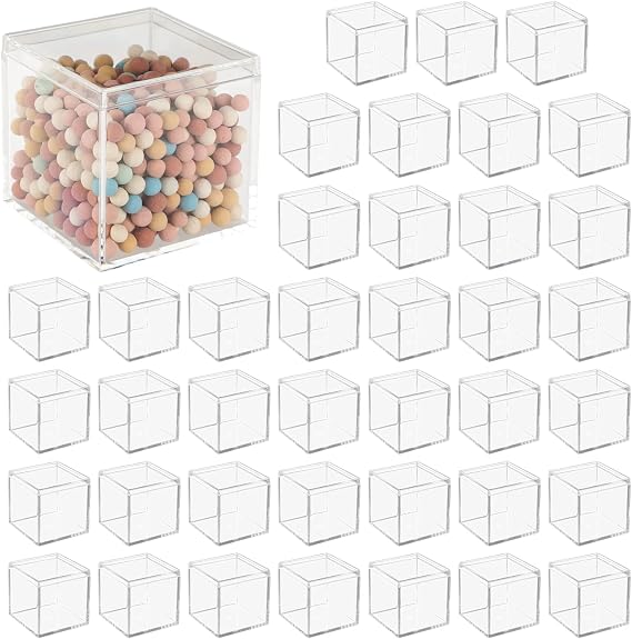 40 Pcs Clear Acrylic Boxes, Small Clear Boxes with Lids, 2.2 x 2.2 x 2.2 in Plastic Square Cube, Square Display Box,Transparent Container Box for Candy Pill Earring Jewelry Tiny Beads