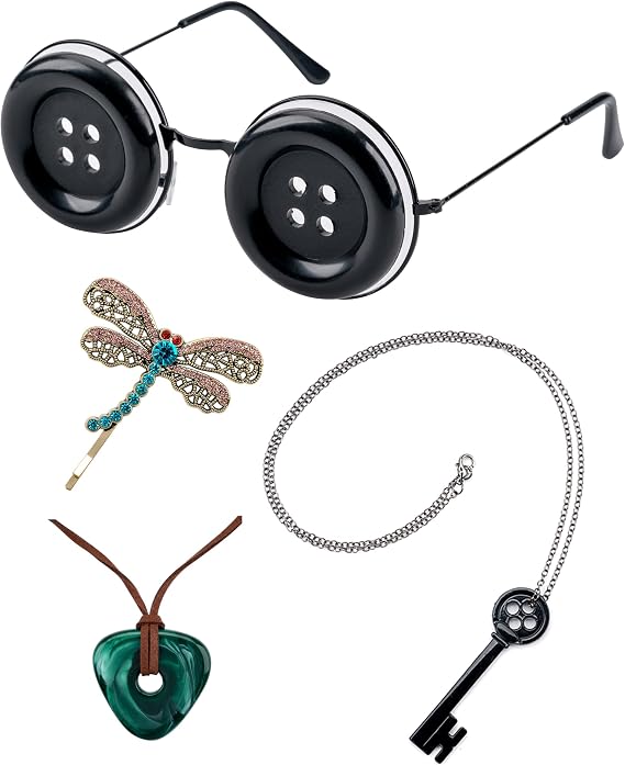 Eybila 4Pcs Costume Accessories Button Eye Glasses Necklace Hair Clips | Women Adult Halloween Cosplay Merch Party Decor Stuff Key Stone Dragonfly Merchandise