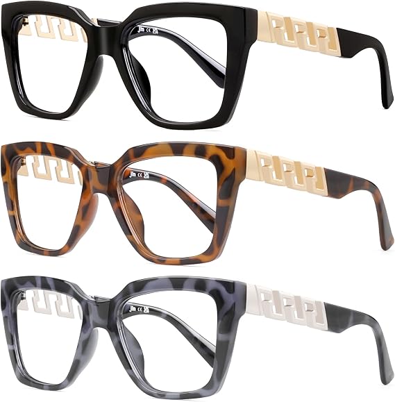 JM 3 Pack Blue Light Reading Glasses for Women Cat Eye Fashion Readers | Oversized, Gold Chain Temples