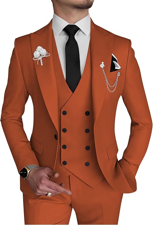Men Suits Slim Fit 3 Piece One Button Orange Double Breasted Suit for Evening Dinner Party X-Large